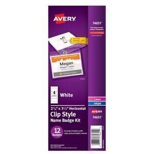 Avery Laser and Inkjet 2-1/4” x 3-1/2” Clip Name Badges 12 Pack 74651